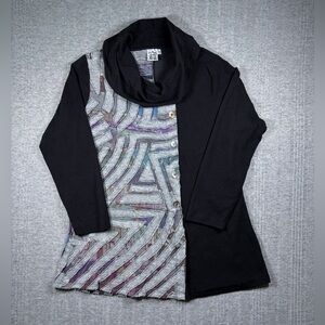 Parsley & Sage Tunic Women’s Large Cowl Neck Long Sleeve Black Gray Boho Artsy